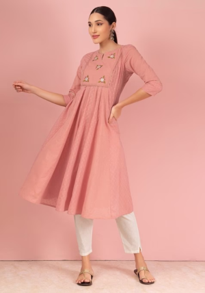 Peach Embroidered Cotton A-Line Kurta
