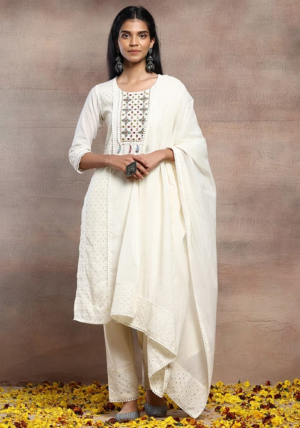 Ivory Mirror Embroidered Schiffli Cotton Kurta With Pants And Dupatta