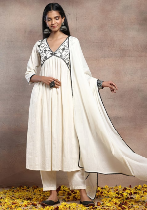 White V-Neck Embroidered Cotton Kurta With Pants And Dupatta