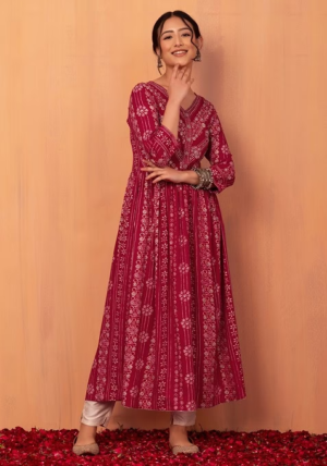 Red Batik Print Rayon Anarkali Kurta