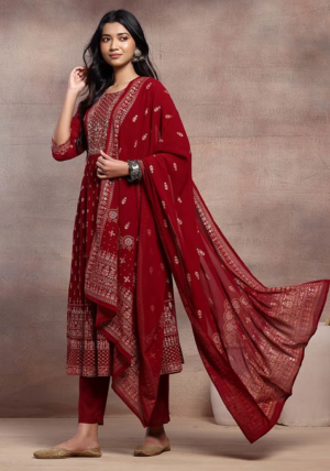 Maroon Mughal Boota Print Anarkali Kurta With Pants And Dupatta