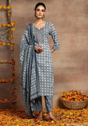 Grey Floral Print Cotton Kurta With Printed Pants And Dupatta