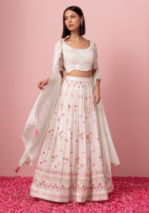 White Floral Sequin Embroidered Lehenga Set With Blouse And Dupatta