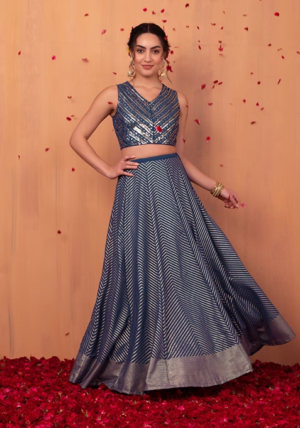 Blue Foil Print Kalidar Lehenga Skirt
