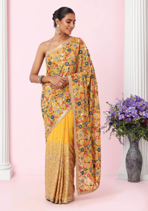 Mustard Tonal Multicolour Floral Embroidered Saree With Blouse