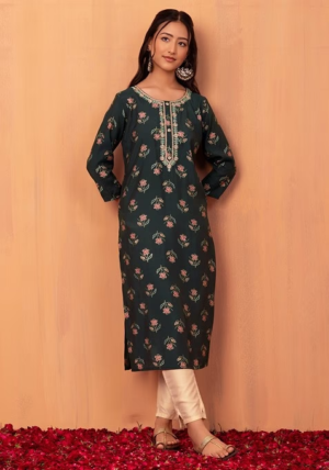 Black Floral Print Straight Kurta