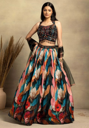 Black Multicolour Floral Print Lehenga Set With Embellished Blouse And Dupatta