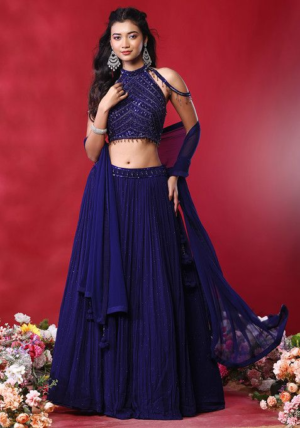 Blue Embellished Lehenga Set With Sequin Embellished Halter Neck Blouse