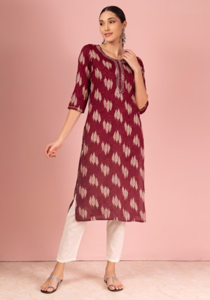 Maroon Leaf Print Embroidered Rayon Kurta