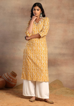 Mustard Yellow V-Neck Paisley Print Cotton Kurta