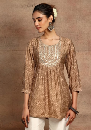 Brown Mirror Embroidered Short Muslin Kurta