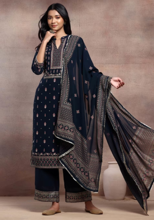 Navy Blue Mughal Boota Print Anarkali Kurta With Pants And Dupatta
