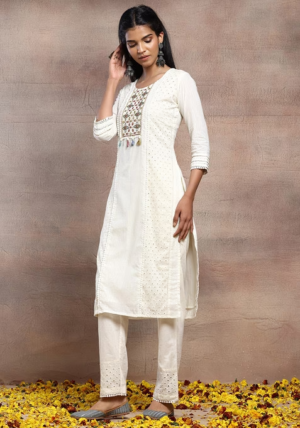 Ivory Mirror Embroidered Schiffli Cotton Kurta With Pants And Dupatta