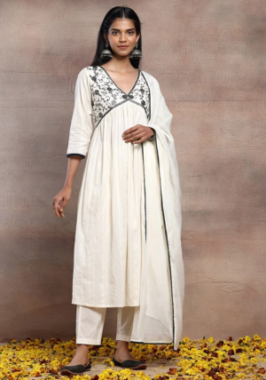White V-Neck Embroidered Cotton Kurta With Pants And Dupatta