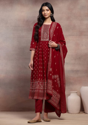Maroon Mughal Boota Print Anarkali Kurta With Pants And Dupatta