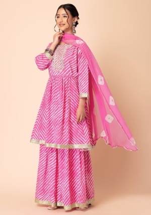 Pink Leheriya Print Cotton Sharara With Kurta And Chiffon Dupatta