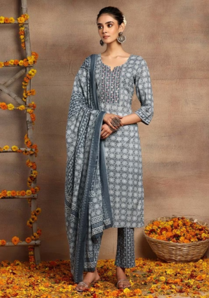 Grey Floral Print Cotton Kurta With Printed Pants And Dupatta