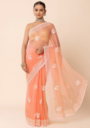 Peach Hologram Sequin Floral Boota Embroidered Saree With Blouse