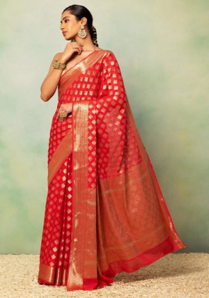 Red Floral Brocade Saree With Blouse