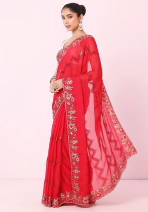 Rani Pink Chevron Sequin And Floral Embroidered Saree With Blouse