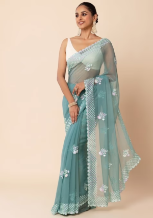 Sea Green Hologram Sequin Floral Boota Embroidered Saree With Blouse