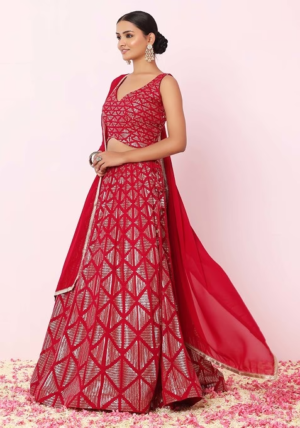 Berry Pink Matte Sequin Embroidered Lehenga Set With Embroidered Blouse And Dupatta