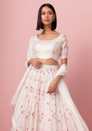 White Floral Sequin Embroidered Lehenga Set With Blouse And Dupatta
