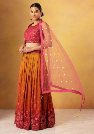 Orange Floral Embroidered Lehenga Set With Contrast Embroidered Blouse And Dupatta