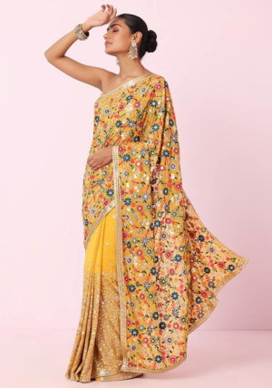 Mustard Tonal Multicolour Floral Embroidered Saree With Blouse