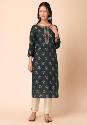 Black Floral Print Straight Kurta