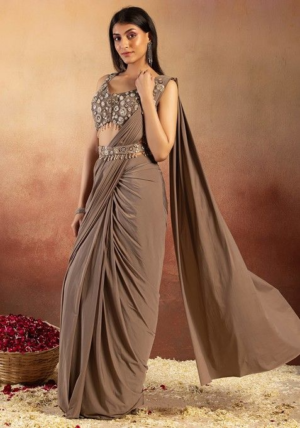 Brown Pre-Stitched Saree Set With Sequin Hand Embellished Blouse And Belt