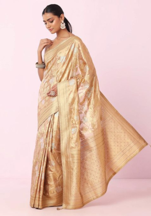 Sage Green Floral Embroidered Jacquard Silk Saree With Blouse