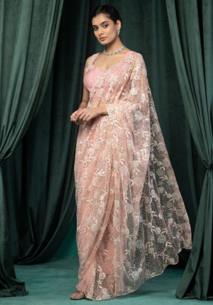 Peach Floral Sequin Embroidered Mesh Pre-Stitched Saree Set With Embroidered Blouse