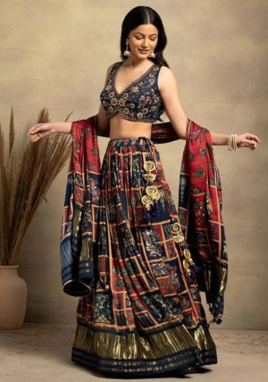 Navy Blue Abstract Print Satin Lehenga Set With Embellished Blouse And Dupatta
