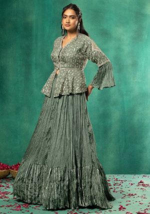 Green Tiered Lehenga Set With Embellished Short Kurta