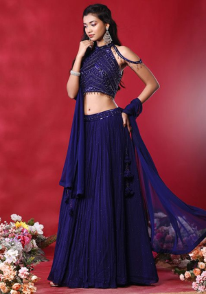 Blue Embellished Lehenga Set With Sequin Embellished Halter Neck Blouse