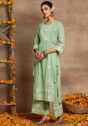 Mint Green Embroidered Cotton Kurta And Pants