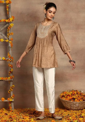 Brown Mirror Embroidered Short Muslin Kurta