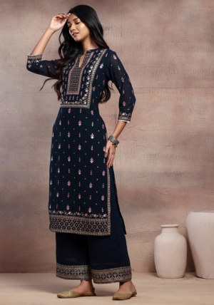 Navy Blue Mughal Boota Print Anarkali Kurta With Pants And Dupatta