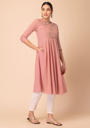 Peach Embroidered Cotton A-Line Kurta