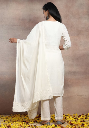 Ivory Mirror Embroidered Schiffli Cotton Kurta With Pants And Dupatta