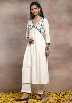 White V-Neck Embroidered Cotton Kurta With Pants And Dupatta