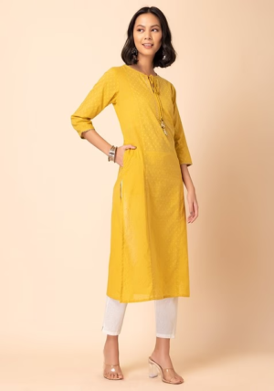 Yellow Tasseled Cotton Straight Kurta