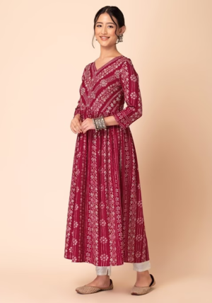 Red Batik Print Rayon Anarkali Kurta