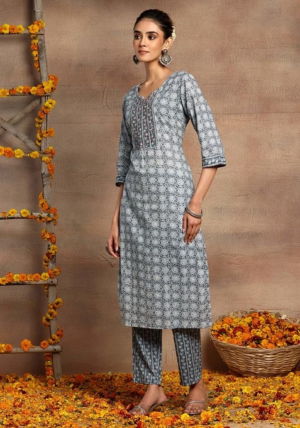 Grey Floral Print Cotton Kurta With Printed Pants And Dupatta