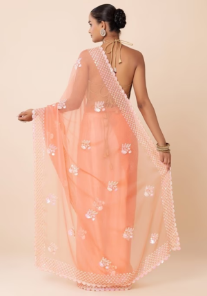 Peach Hologram Sequin Floral Boota Embroidered Saree With Blouse