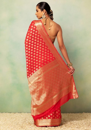 Red Floral Brocade Saree With Blouse