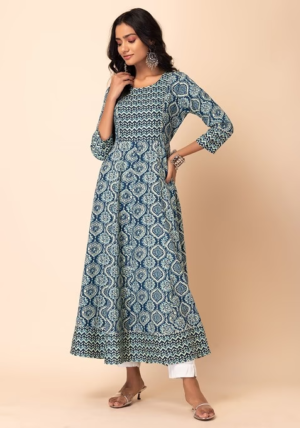 Grey Batik Print Rayon Anarkali Kurta