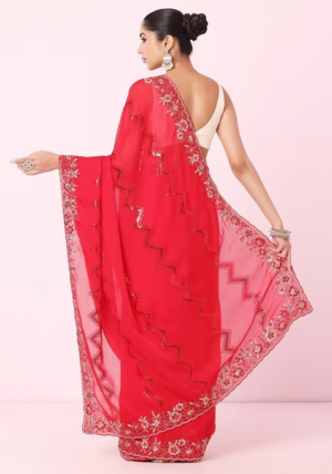 Rani Pink Chevron Sequin And Floral Embroidered Saree With Blouse