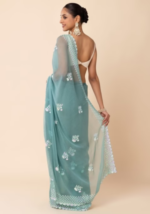 Sea Green Hologram Sequin Floral Boota Embroidered Saree With Blouse